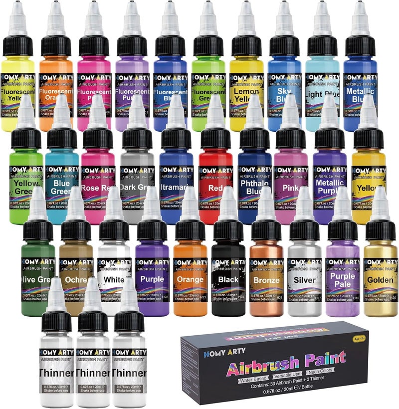 HOMY ARTY Airbrush Paint - 30 Colors with 3 Thinner, Ready to Spray Airbrush Paint Set, Water-Based Acrylic Air Brush Paints for Metal, Plastic Models, Canvas, Wood - 33 Bottles - Image 1